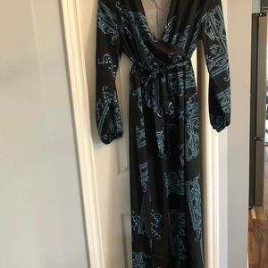Black and blue long wrap dress